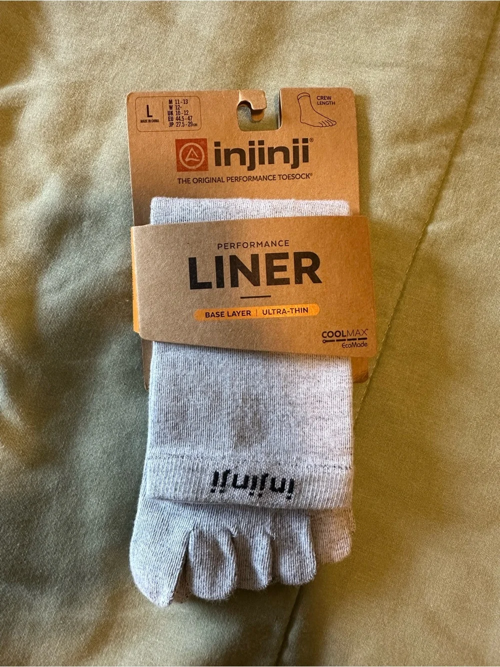 injinji Men's Light Gray Performance Liner Toe Crew Socks